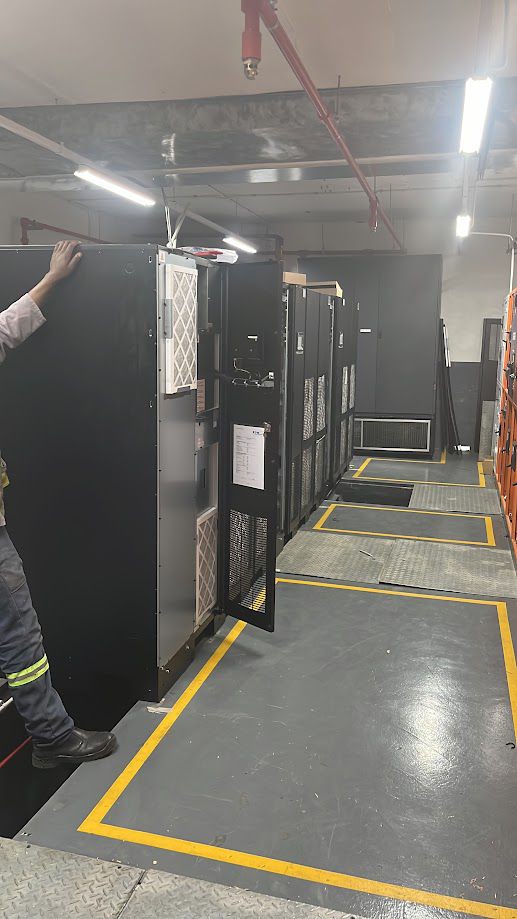 Server room with racks and demarcated walkway